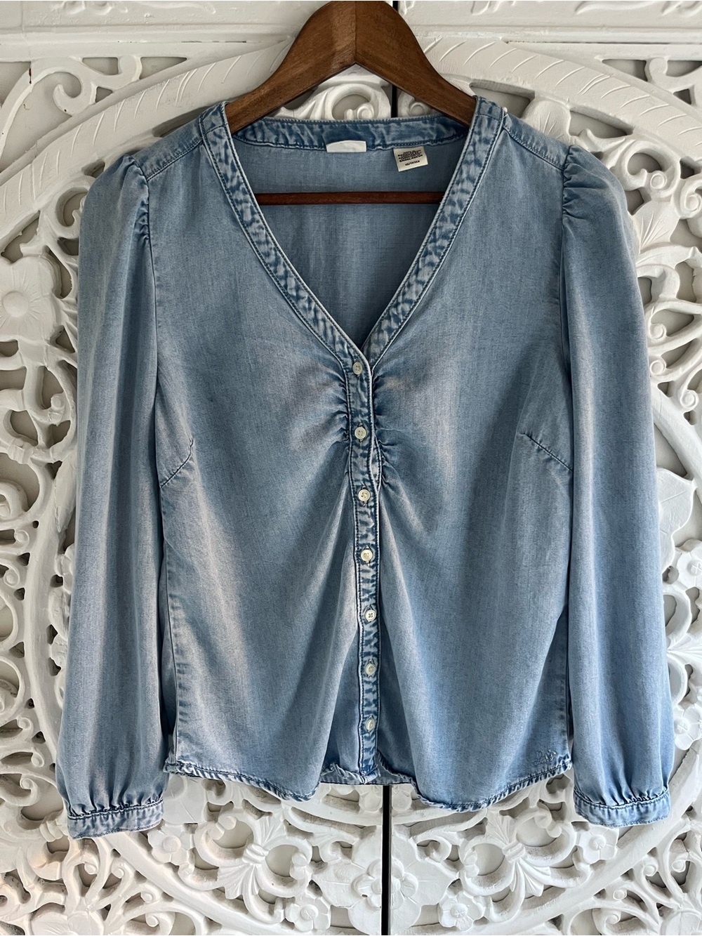 Levi’s Lyocell Chambray Button Front Puff Sleeve Blouse XS